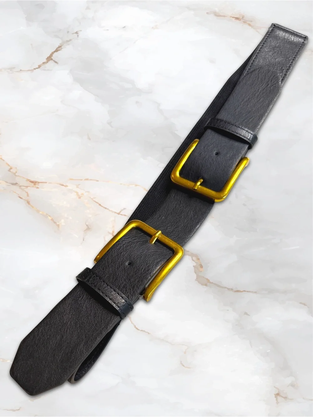 Black Waist Belt for Dressed with Gold Double Buckles in Faux Leather & Elastic